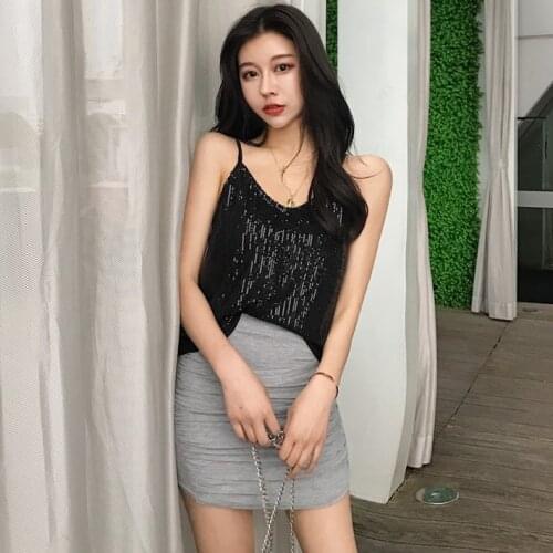 Summer Shining Sequins Patchwork Sleeveless Camisoles Sling Strap Backless Off Shoulder Women Top