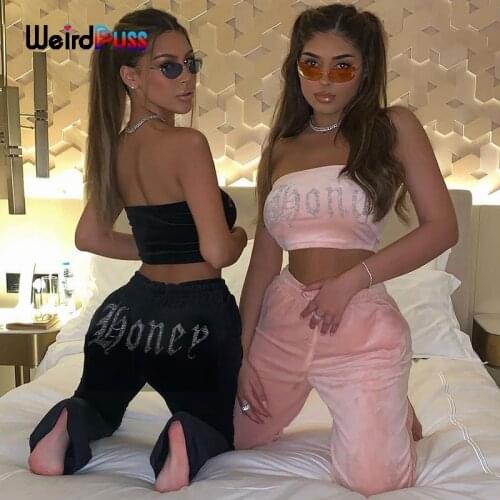 Weird Puss Velvet Summer Women Tracksuit Rhinestone Letter Strapless Top+Straight Pants Stretch Matching Trend 2piece Set Outfit
