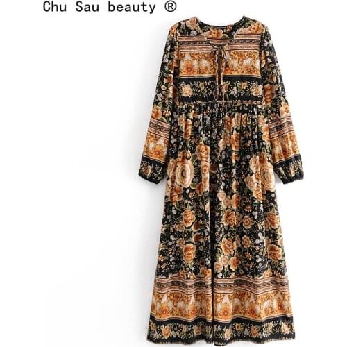 2021 Autumn New Womens Boho Style O-Neck Lace-Up Long Sleeve Positioning Flower Print Dress Long Skirt Vintage Female Chic