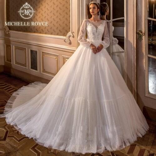 Michelle Royce A-Ling Wedding Dresses 2020 Sexy Scoop Puff Sleeve Appliques Button Chapel Train Bridal Gowns Vestido De Noiva