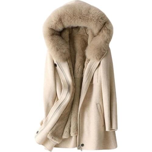 Winter Parka Coat Fox Fur Hoody Rex Rabbit Lining Women Warm Outerwear LF2118