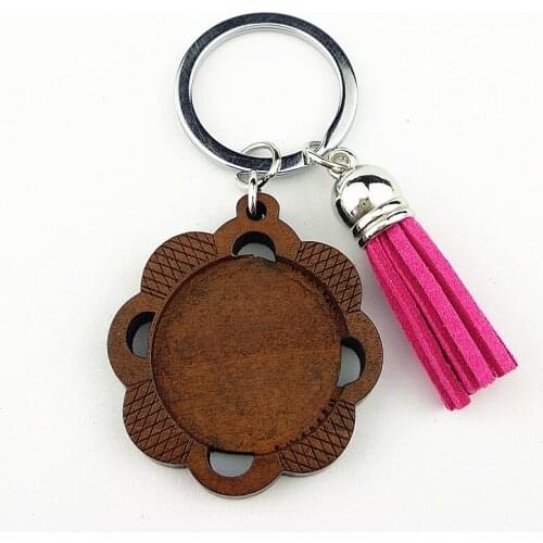 Jiangzimei 24pcs new design sunflower 25mm Wood Cabochon Stainless Steel Keychain Blank Wooden pendant with tassels