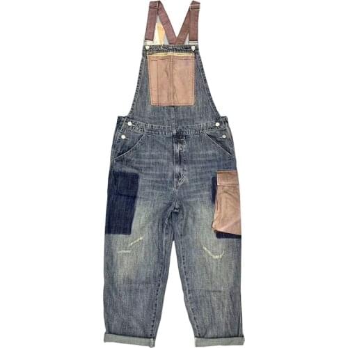 Mens Fashion Vintage Hip Hop Denim Bib Overalls With Big Pockets Harajuku Harem Jeans Jumpsuits Retro Workwear Suspender Pants