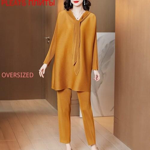 Miyake Fold Suit Two-piece Suit Spring 2021 Plus Size Looks Thin Pleats Trousers Set Hooded Collar Top and Trousers Set