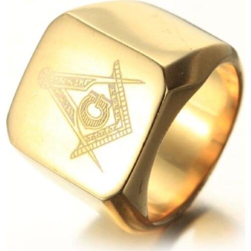 Golden and Black Mens Rings Jewelry Freemasonry Free Mason Ring Masonic Ring Stainless Steel Finger Ring Size 7 to 14