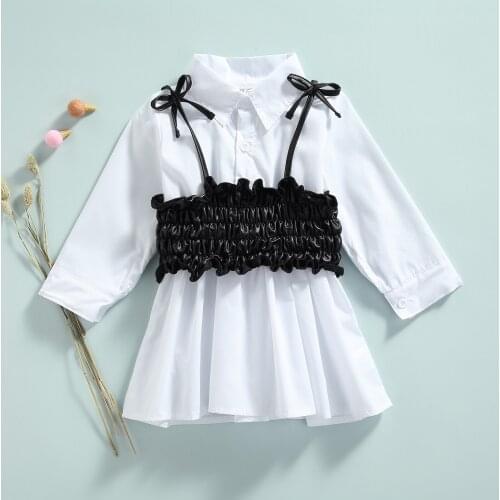 2021 New Autumn Dress Girl’s Long Sleeve Dress and Camisole Fashion Solid Color Lapel Shirt Dress with Leather Vest