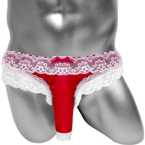 Sissy Panties With Open Penis Sheath Mens Sexy Lingerie Softy Shiny Satin Lace Floral Frilly Male Briefs Underwear