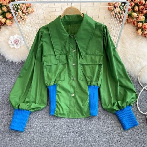 Autumn French design sense of color matching lantern sleeve shirt female temperament was thin and age-reducing short top