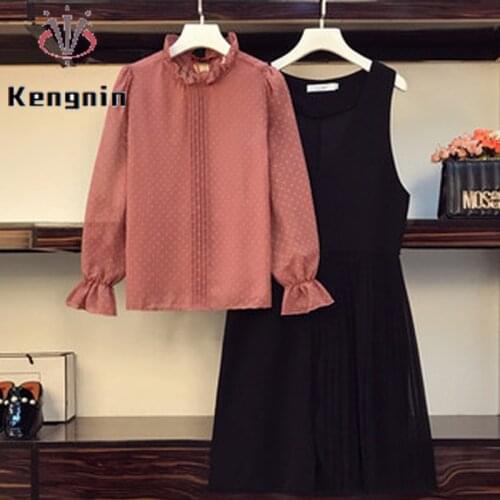 Plus Size 4XL Ladies Suits 2021 Autumn Loose Long Sleeve Shirt + Black Tank Dress Two Piece Women Sets Female Clothing KE1682