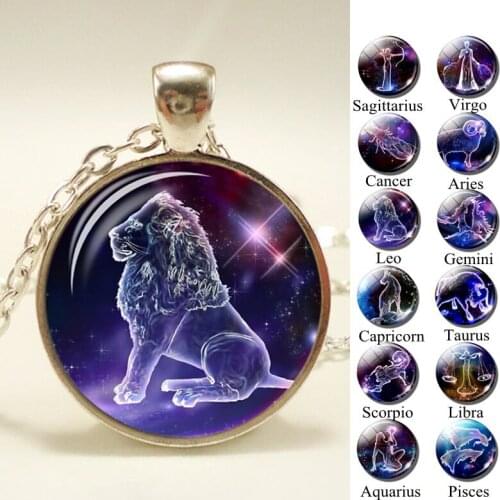 12 Constellation Necklace Zodiac Signs Glass Cabochon Pendant Necklace Link Chain Necklaces for Women Handmade Zodiac Jewelry