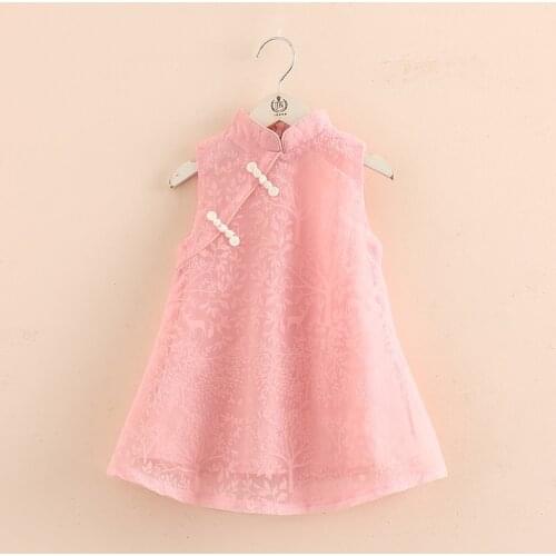 2020 Hot Summer 2-10 12 Years Chinese Ethnic Vintage Style Mandarin Collar Vintage Sundress Kids Baby Lace Girl Cheongsam Dress