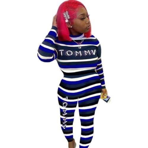 VAZN 2021 Top Quality Striped Soft Elastic Young Sexy Daily Sweet Simple Full Sleeve Top High Waist Skinny Jumpsuits