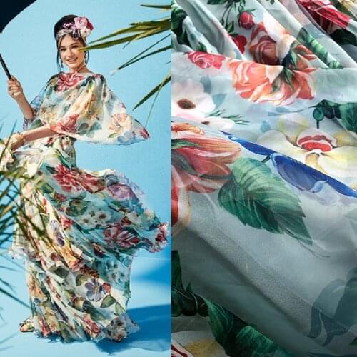Sewing for dress 100% polyester summer D brand printing big peony elegant chiffon dress haute couture fabric by yard
