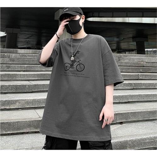 Round Neck Print Bicycle Summer Short Sleeve T-Shirt Cotton Tops Tees Oversize Hip Hop 2XL Clothes Grey Clothes