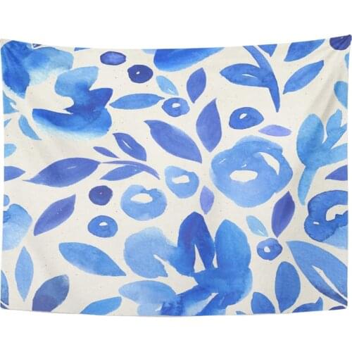 Tapestry Blue Delft Watercolor Floral Pattern on Botanical Navy Simple Summer Tapestries Wall Hanging for Living Room Bedroom