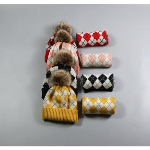 Hat scarf set winter warm knitted baby girl and boy pompom hat with warm wool lining cute hat for kids beanie