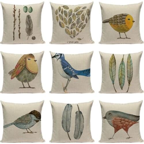 Cute Bird Cushion Cover High Quality Printed Linen Cotton Throw Pillow Car Sofa Home Decorative Textile Customed Pillow Case
