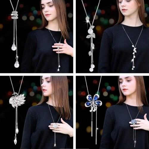 Fashion Crystal Necklace Snow Pendants Women Sunflower Simluated Pearl Pendant Necklaces Long Sweater Chain Long Necklace