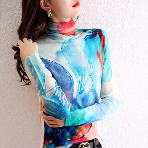 2021 New Womens Spring Autumn Knitted Blouse Womens Fashion Printed Turtleneck Shirt Female Long Sleeve Slim Elegant Tops W754