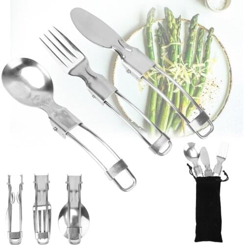 Camping Tableware Picnic Dinnerware Stainless Steel Cutlery Set Portable Folding Fork Spoon Knife