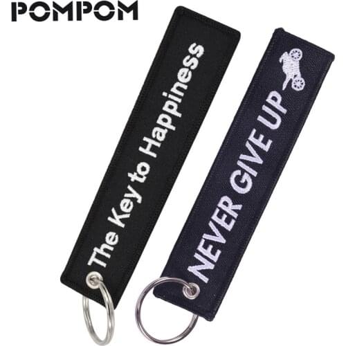 POMPOM Keychain for Motorcycles NEVER GIVE UP Car Keyring The Key to Happiness keychain OEM 13x2.8cm Emboridery kering Jewelry