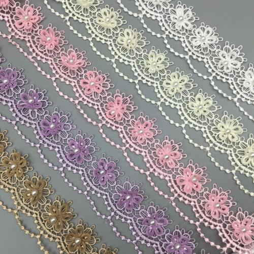 1 yard Soluble Pearl Beaded Sun Flower Wave Embroidered Lace Trim Ribbon Applique DIY Sewing Craft For Costume Wedding Dress