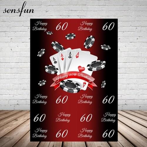 Sensfun Casino Las Vegas Card Party Photography Backdrop Red Black Happy 60th Birthday Backgrounds For Photo Studio 5x7ft Vinyl