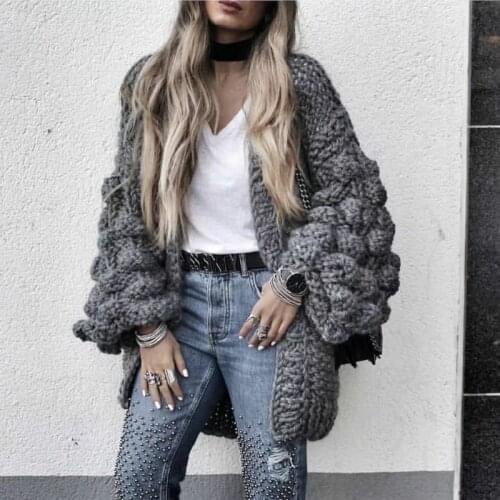 Autumn Coarse Wool Hook Sweater hand knitted Cardigan V-Neck Loose Rough wool Knitted Lantern Sleeved jacket Open Stitch Tops