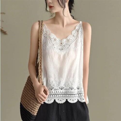 Summer Spaghetti Strap Tops Women Sleeveless V-Neck Floral Embroidery Casual Cotton Linen Tank Top Camis Tee Shirt Femme