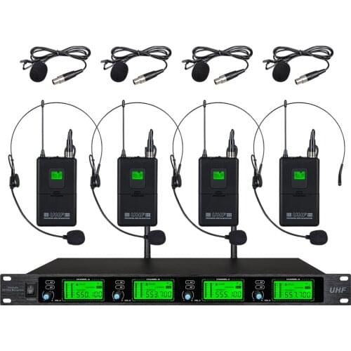 VMEQO GD400 Metal Material 4-Channel UHF Wireless Microphone System with 4 Bodypack use for Stage Church Family Party School