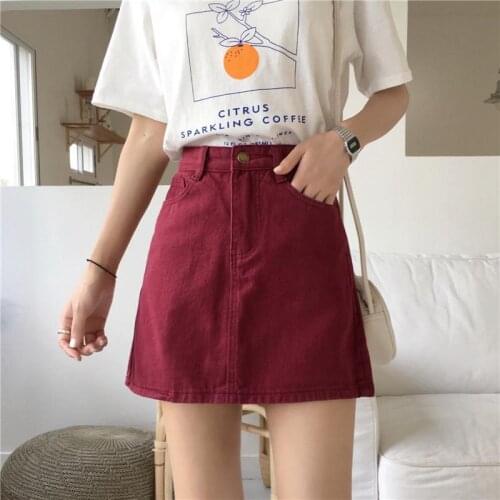 High Waist Burgundy Denim Type a Line Skirt Purplish Red Workwear Short Skirt Japanese Style Woman Skirts Faldas Jupe