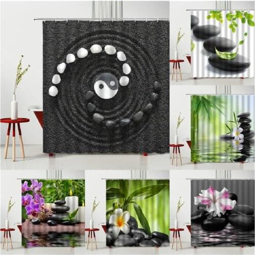 Zen Shower Curtains Stone Green Leaf Scenery Flowers Bamboo Candle Pattern SPA Polyester Fabric Bathroom Partition With Hooks