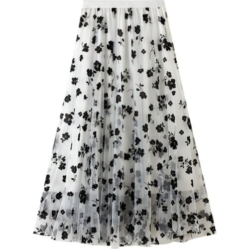 2020 High Waist Women Autumn Two Layer Mesh Long Skirts Saia Floral Women Boho Skirt Pink Faldas Jupe Femme JX8673