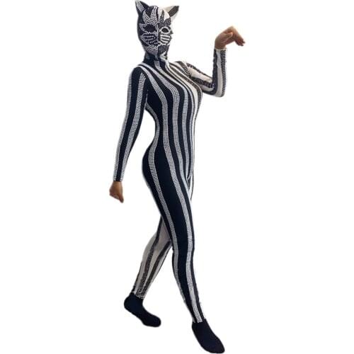 Adults Stage Costumes Rhinestone Bodysuit Striped Set Cat Headwear Halloween Festival Nightclub Outfit For Womens Wear VDB2627