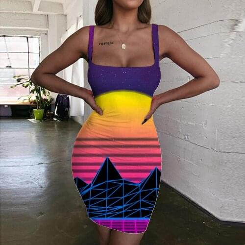 Giyu Brand Geometry Dresses Women Pattern Halter Sleeveless Moon Sundress Landscape Bodycon Dress Womens Clothing Club Beach