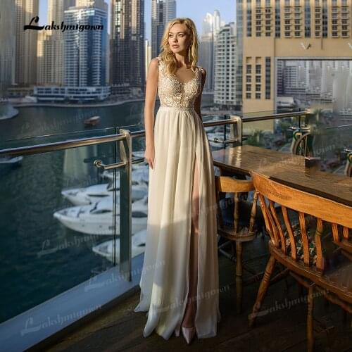 Boho Scoop Neck Wedding Dresses 2021 Sleeveless Sexy Slit A Line Chiffon Bridal Gown Lace Appliques Beads Belt vestido de novia