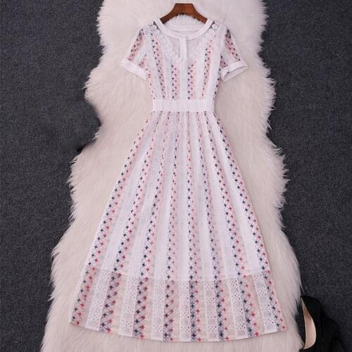 2021 Summer Fashion Dress Women O-neck Lace Hollow Out A-line High Quality Elegant Classic Dresses