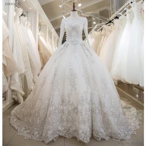 Vestidos De Novia Ball Gown Wedding Dress Lace Scoop Neckline Full Sleeves Custom Made Plus Size Bride Gown 2021