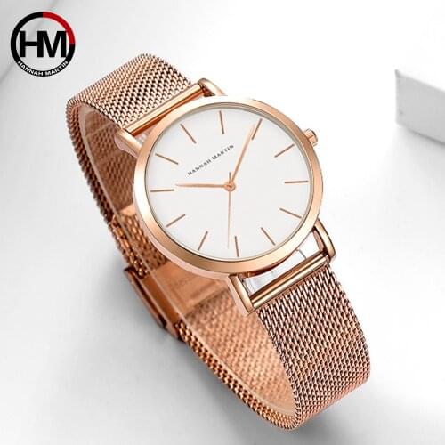 Hannah Martin Women Watch MIYOTA 2035 Movement Simple Waterproof Rose Gold Stainless Steel Mesh Ladies Watch Gift reloj mujer