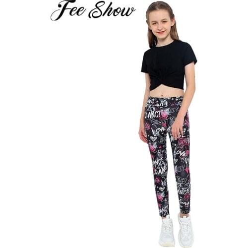 Kids Girls Two Pieces Yoga Running Sport Suits Ballet Dancewear Short Sleeves Knot Blouse with High Waist Letter Printed Legging