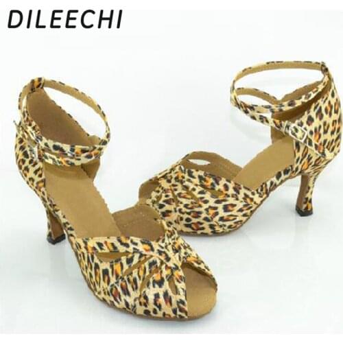 DILEECHI Leopard print satin Latin dance shoes female summer adult Ballroom dancing shoes womens party square dance shoes