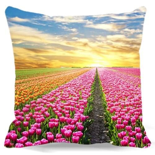 Home Relax Tulips Flowers Fields Boundary Soft Polyester Cotton Throw Pillow Cover size customized available