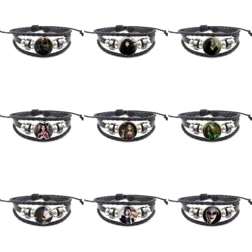 EJ Glaze Black Leather Bracelet Bangle Glass Cabochon Jewelry For Unisex Party Gift Gothic Witch