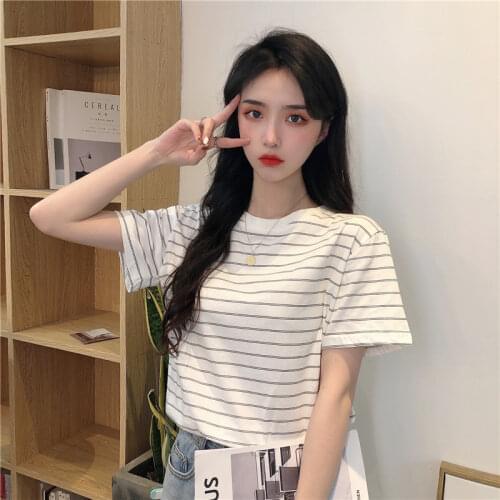 Summer New Fashion Womens T Shirts Patchwork Striped Loose Short Sleeve Tops Female O Neck Slim Thin Casual Tees T-Shirts Femme