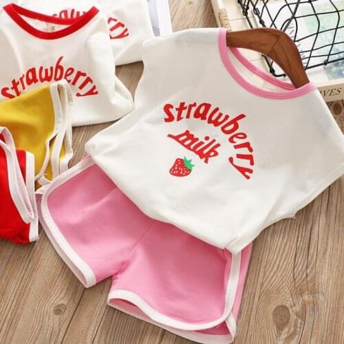 Cotton High Quality Girls Summer Outfits Two Piece Sets Strawberry Short Sleeve Tshirt Casual Sports Korean Hot Pants Pajamas