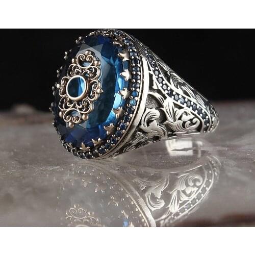 Retro Handmade Turkish Signet Ring For Men Women Ancient Silver Color Carved Ring Inlaid Blue Zircon Party Punk Motor Biker Ring