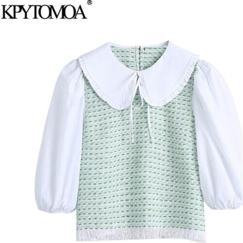 KPYTOMOA Women 2021 Sweet Fashion Patchwork Tweed Blouses Vintage Peter pan Collar Frayed Hem Female Shirts Blusas Chic Tops