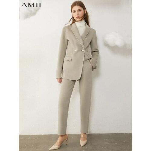 Amii Minimalism Winter Suits For Women 100%wool Solid Belt Blazer Winter Coat Women Causal High Waist Solid Pants 12020308