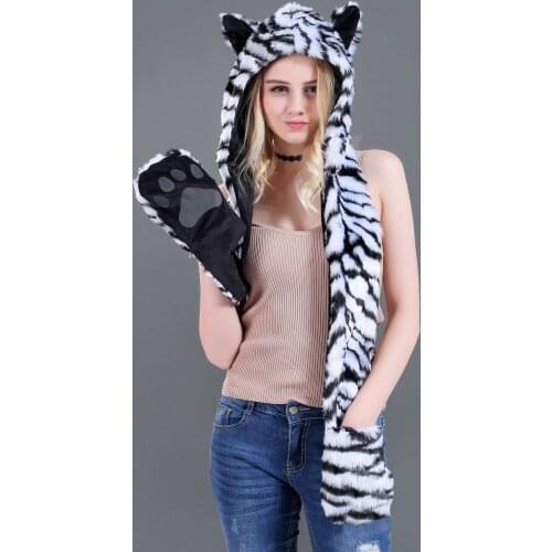Fashion Unisex Faux Hat Ear Flaps Hand Pockets 3 in1 Personalize Animal Cartoon Hat Cap Gloves Scarf Pocket Keep warm in winter