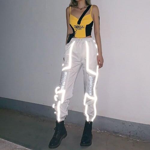 European And American Fashion Trend Streetwear Ins Wind Reflective Strip Stitching Cool Trousers For Women Pants Leggings